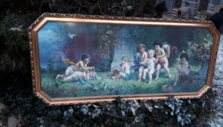 Altes Bild H. Zabateri Engel im Garten im alten Original Rahmen