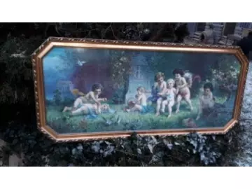 Altes Bild H. Zabateri Engel im Garten im alten Original Rahmen